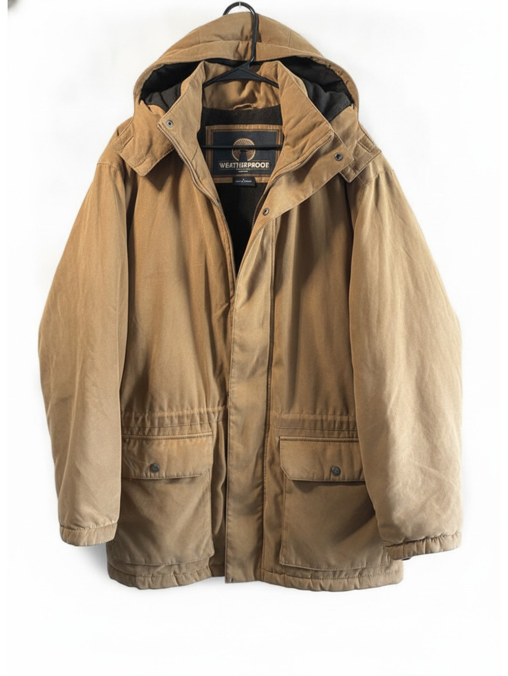 Weatherproof Men's Medium Tan and Brown Hooded Coat, Weather-Resistant Outerwear